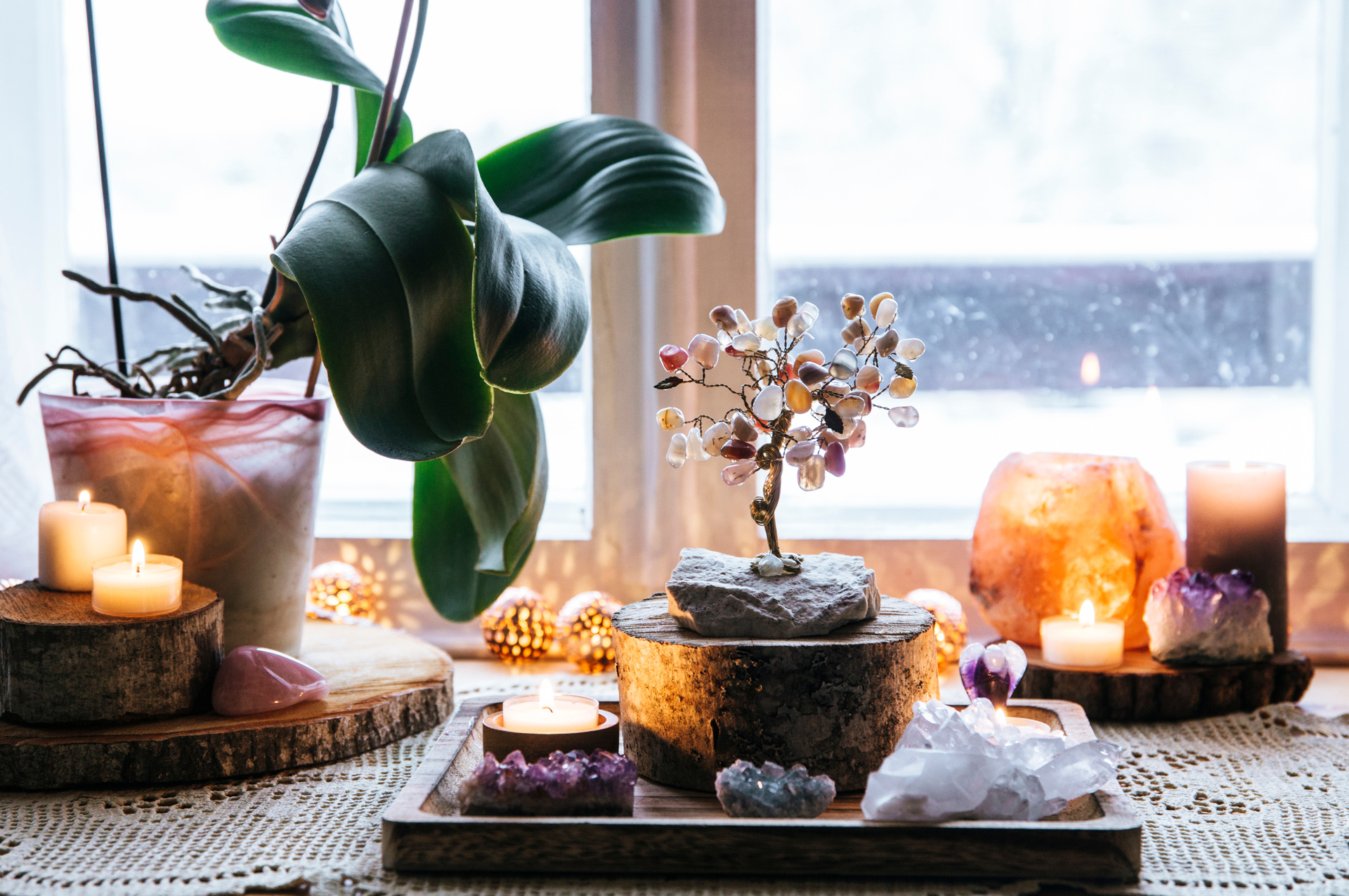 Feng Shui nature theme altar at home window sill.